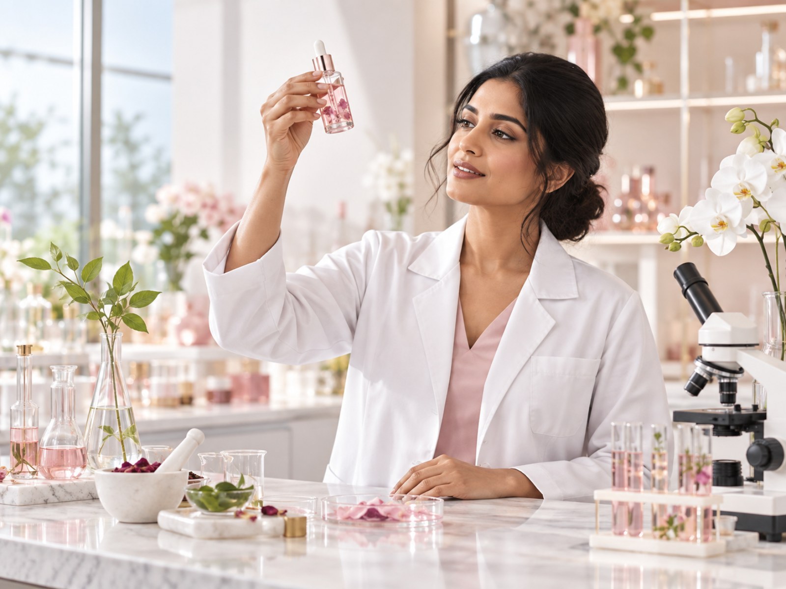 Sa Belle cosmetic scientist evaluating a botanical serum